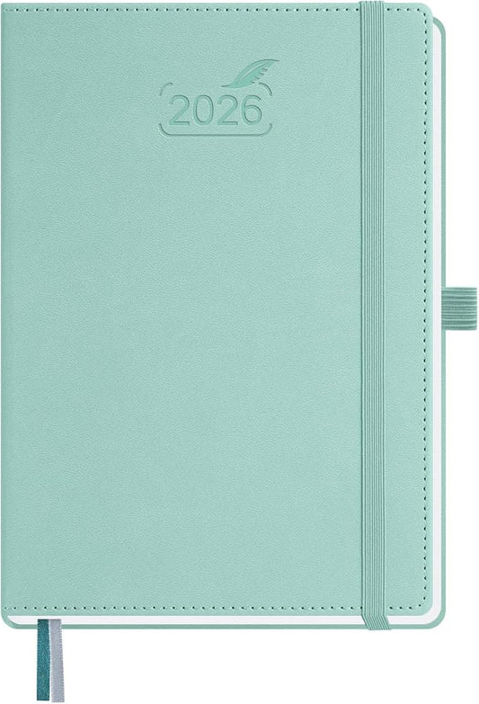 BEZEND 2026 Planner Weekly and Monthly (6" x 8.5") Daily Calendar with Half-Hourly Timeslots & Tabs (Jan-Dec) Note & Expenses, Pen Holder, Inner Pocket, Vegan Leather Hardcover - Mint Green