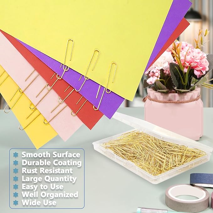 Jumbo Paper Clips, 200pcs 2 Inch Paper Clip, Large PaperClips, Stainless Steel, Paperclip for Paperwork Office School Home and Personal Use (Golden)