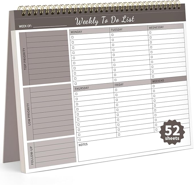 Weekly To Do List Notepad, 52 Undated Sheets （8.5"×11") Duplex-printed Weekly Planner Notepad For Work Home School Office Desk Accessories Supplies & Goal Setting Tasks - Brown