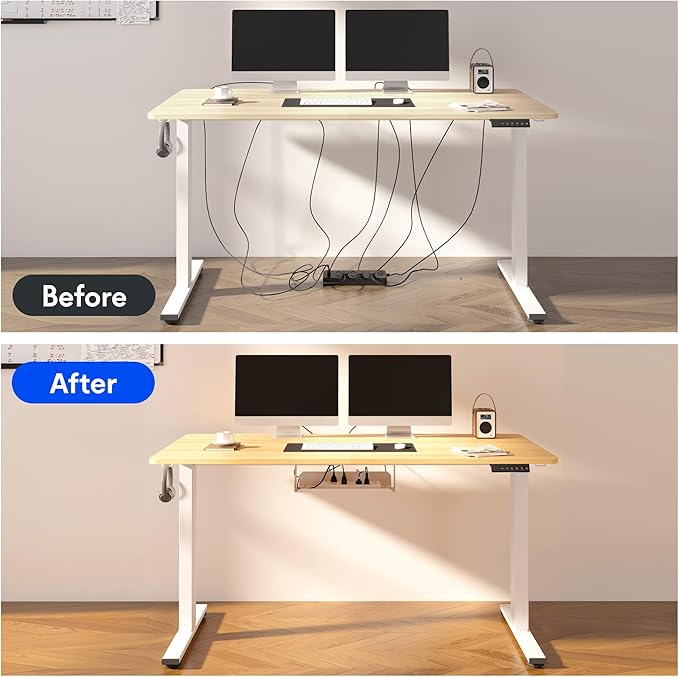 FLEXISPOT EN2 Whole-Piece Standing Desk with Clamp Power Strip, 48 x 24 Electric Stand Up Height Adjustable Desk with Cable Management (White Frame + 48" Maple Top)