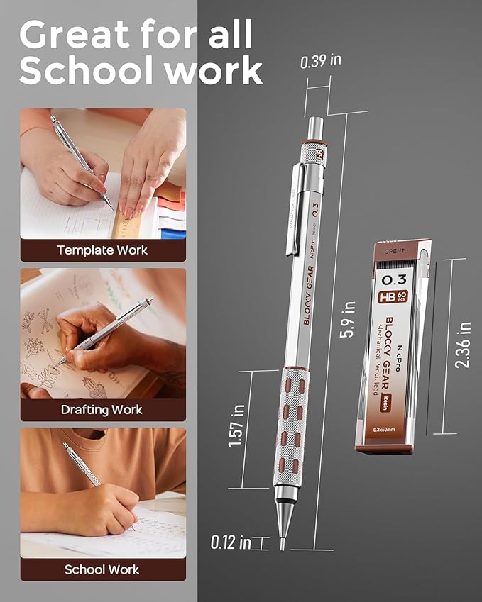 Nicpro Blocky Gear 0.3 mm Mechanical Pencils Set in Case, Metal Pencil with Lead Refills, Eraser for Professional & Adult Art Writing Drafting Drawing