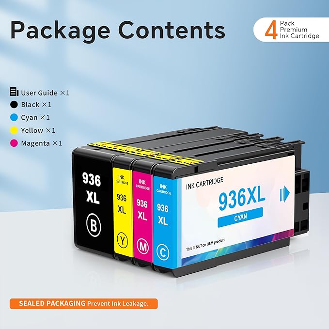 936 High Yield Ink Cartridges (4-Pack) Compatible for HP 936e XL | Works with : OfficeJet Pro 9110b, 9120b, 9130b OfficeJet Pro Wide Format 9720/9730 | Eligible for Instant Ink (B/C/M/Y)