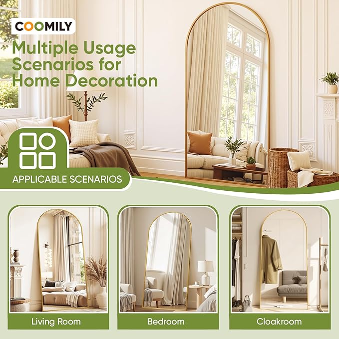 Full-Length Floor Mirror with Stand, 76"x34" Arched Style Full Body Standing Mirror for Bedroom, Living Room, Gym, Dorm - Shatter-Resistant & Easy Assembly, Gold