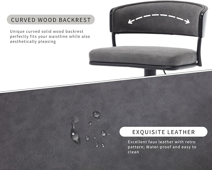 Adjustable Modern Bar Stools Set of 2 Faux Leather Barstools Swivel Counter Height Bar stools with Curved Back/Black Metal Base Comfy Upholstered Bar Chairs for Kitchen Island, Grey