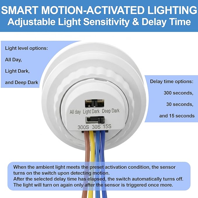 4 Pack PIR Motion Sensor Light Switch, AC 110-240V Adjustable LUX Light - Image 3