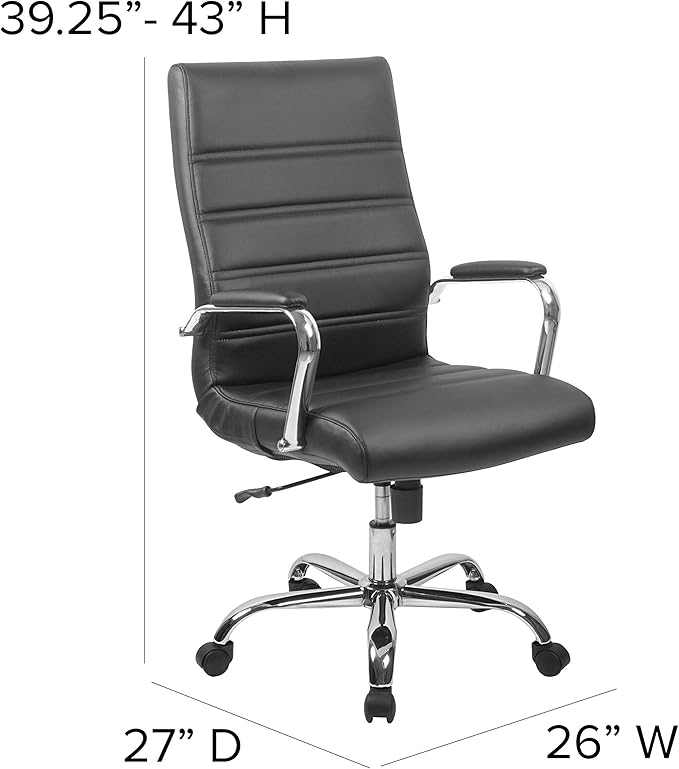 Flash Furniture Whitney High-Back Swivel LeatherSoft Desk Chair with Padded Seat and Armrests, Adjustable Height Padded Office Chair, Black/Chrome