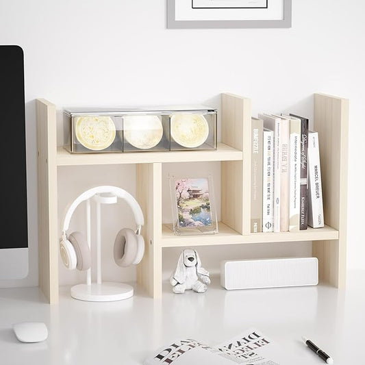Jerry & Maggie Desktop Organizer Office Storage Rack Adjustable Wood Display Shelf Free Style Double H, Multi-Functional Mini Bookshelf for Desk Natural Stand (White Wood Tone)
