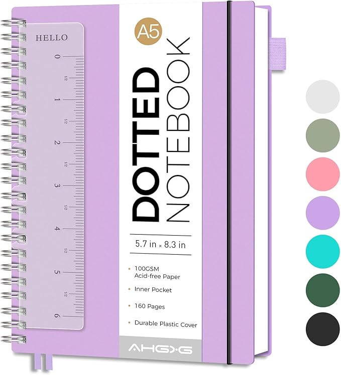AHGXG Bullet Dotted Journal - Dot Grid Spiral Notebook A5, 160 Pages, 100 GSM Thick Paper, Waterproof Plastic Cover Journals for Bullet Journaling, Sketching, 5.7" x 8.3", Purple