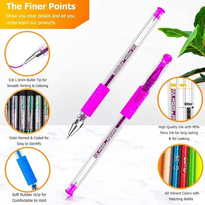 Soucolor Glitter Gel Pens for Adult Coloring Books, 120 Pack-60 Glitter Pens, 60 Refills and Travel Case, Nurse Aesthetic Cute Pens, School Office Home Supplies, Gifts for Women and Men