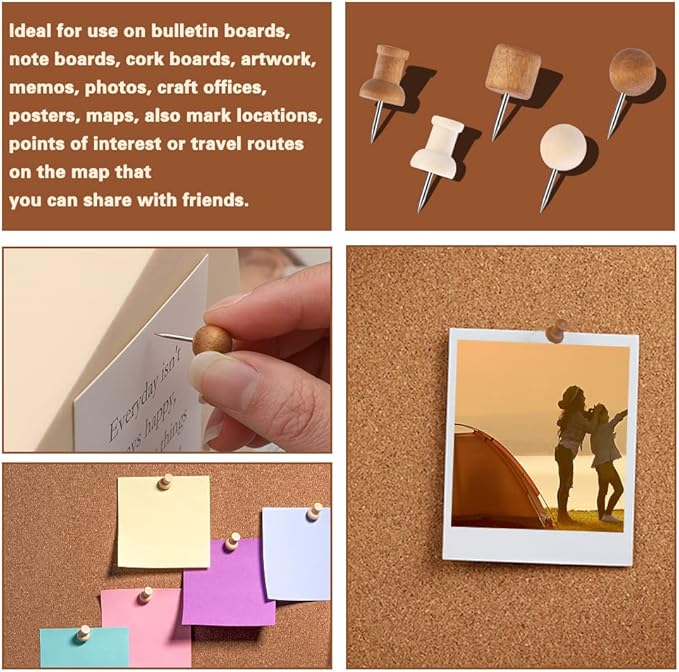 60 Pcs Wood Push Pins, 2 Colors and 5 Types Decorative Thumb Tacks Wooden Head Pin Map Tacks Marking Pin, Wood Thumb Tacks Decorative for Bulletin Boards Craft Projects with Storage Box