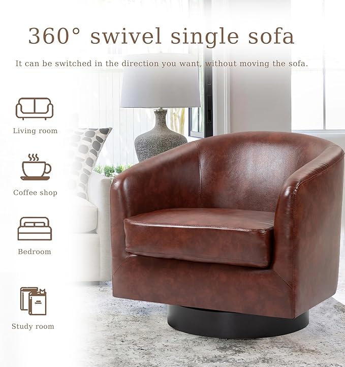 UIXE Faux Leather Swivel Accent Chairs Set of 2, Modern Upholstered Barrel Chairs for Living Room, Comfy Round Armchair Single Sofa Bedroom Reading Seat - 31" W, Red Brown