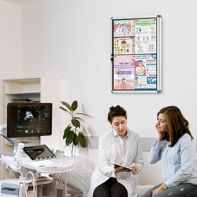 Enclosed Bulletin Board Lockable Display Case Message Board with Locking Door for Indoor, Black Felt, Silver Aluminum Frame, 26x20inch(4XA4)