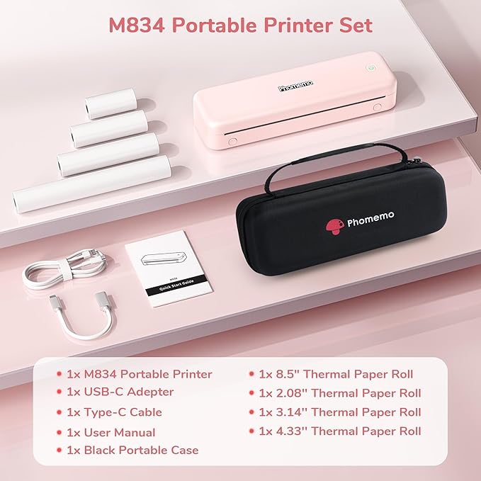 Phomemo Portable Printers Wireless for Travel Upgraded,M834 Bluetooth Thermal Printer 8.5" x 11"& A4 Size,Inkless Mobile Printer with Carry Case for Travel,Office,School,Car,Home,Pink