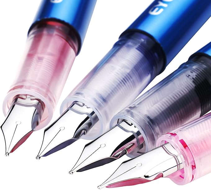 EYEYE Disposable Fountain Pens for Writing, Medium Point Stainless Steel Nib, Pack of 8 Assorted Colors