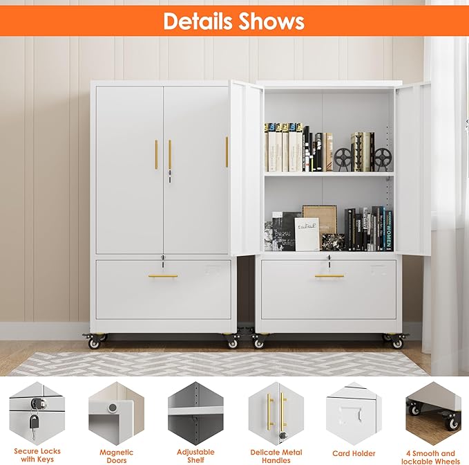 Aobabo Metal 1 Drawer Office File Cabinet with Lock and 2 Doors, Office Steel Files Cabinet with Wheels, Legal/Letter A4 Size, Assembly Required, White