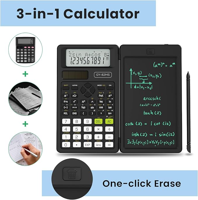 Scientific Calculators for School with Notepad, ROATEE Middle and High School Supplies for Student, 82 MS Foldable 2-Line Display Science Calculator with Writing Tablet, Solar and Battery Power Black