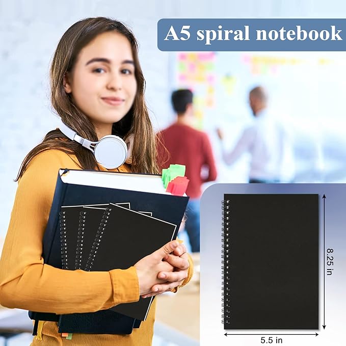 12Pack Small Spiral Notebook A5, 8.25x5.5” 120 Lined Pages Black Wide Ruled Spiral Journal Bulk Blank Kraft Cover Spiral Bound Notebook & Writing Pads for Home Office Meeting Work Note Taking