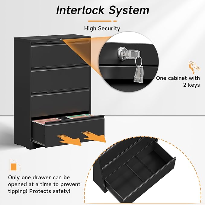 4 Drawer Lateral File Cabinet, Metal Lateral Filing Cabinet with Lock for Hanging Files Letter/Legal/F4/A4 Size, Easy Assemble Black