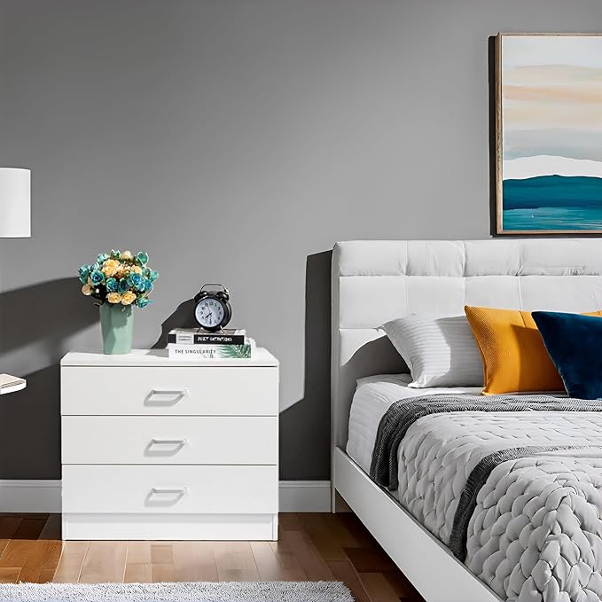 Karl home White 3 Drawer Dresser for Bedroom, Small Nightstand Modern Storage Chest of Drawer Wooden Side Table End Table for Bedroom, Living Room, Reception Room