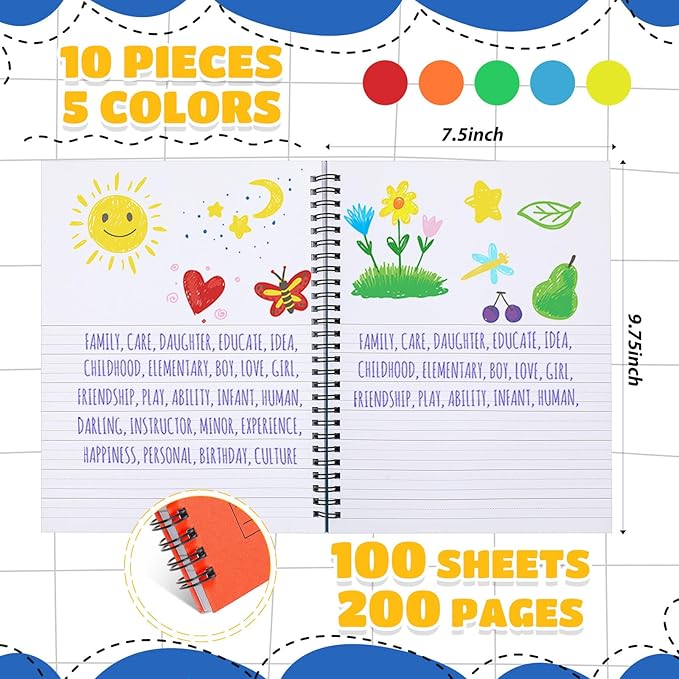 Henoyso 10 Pcs 100/50 Sheets Primary Composition Notebook K-2 Bulk Spiral Primary Journal Drawing Handwriting Practice for Kids Kindergarten 1st 2nd Back to School Supplies (Bright Color,100 Sheets)