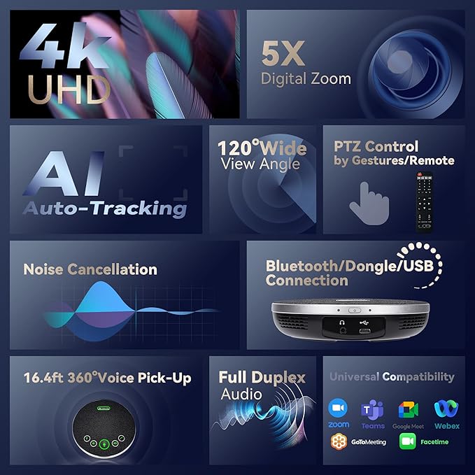 4K Conference Room Camera System, AI Auto-Tracking PTZ Camera 5X Digital Zoom with Speakerphone Set 120° Wide-Angle USB3.0 for Zoom YouTube Teams OBS and More