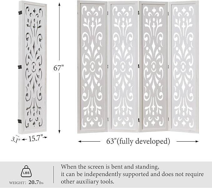 5.6Ft Room Divider Folding Wood Classical Carved Partition Screen for Home Office Garden - 4 Panels (White)