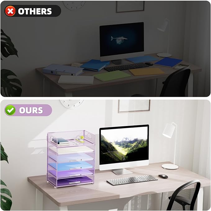 Marbrasse 6 Tier Paper Organizer Letter Tray - Mesh Desk File Organizer with Handle, Paper Sorter for Letter/A4 Office File Folder Holder - Purple