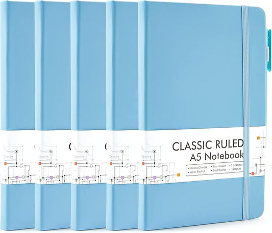 feela 5 Pack Notebooks Journals Bulk, Hardcover Classic Ruled Lined Journals with Pen Holder for Women Girls School Business Supplies, with 5 Black Pens, 120 GSM, 5.1”x8.3”, A5, Blue