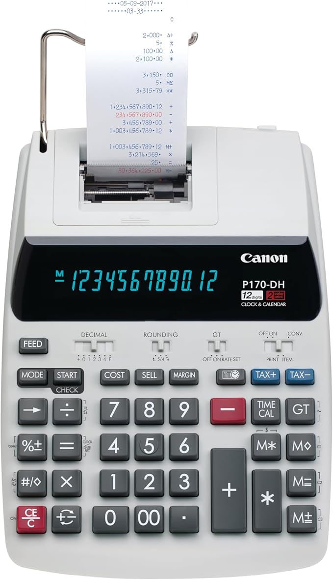 Canon Office Products 2204C001 Canon P170-DH-3 Desktop Printing Calculator with Currency Conversion, Clock & Calendar, and Time Calculation, Black/White/Silver, 14.60 Inch x 9.60 Inch x 3.00 Inch