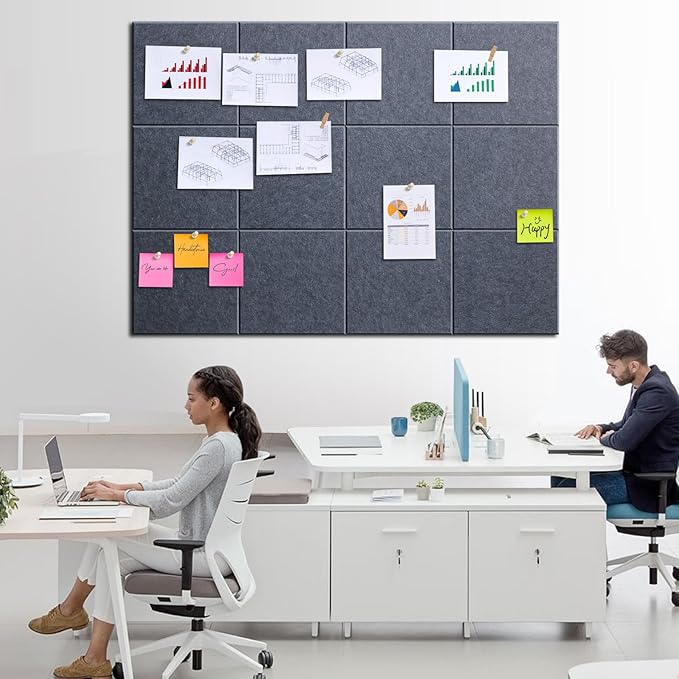 Large Cork Bulletin Board - 48" x 36" Cork Board for Walls - 12 Pack Felt Wall Tiles with Safe Removable Adhesive Tabs - Bulletinboard for Office Classroom Home Decor - Drak Grey