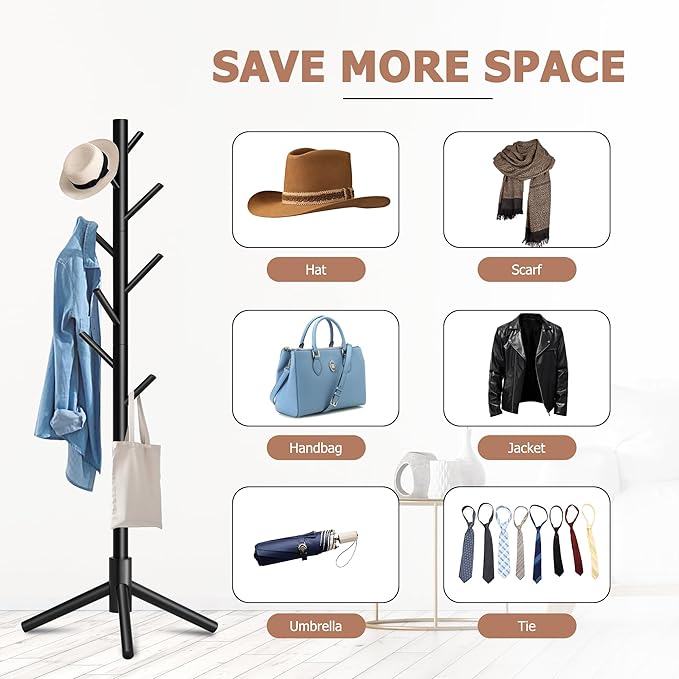 Wooden Coat Rack, Free Standing Coat Rack with 8 Hooks 3 Adjustable Heights for Clothes, Hats, Handbags, Coat Tree Easy Assembly for Entryway, Bedroom, Hallway, Office(2PCS)