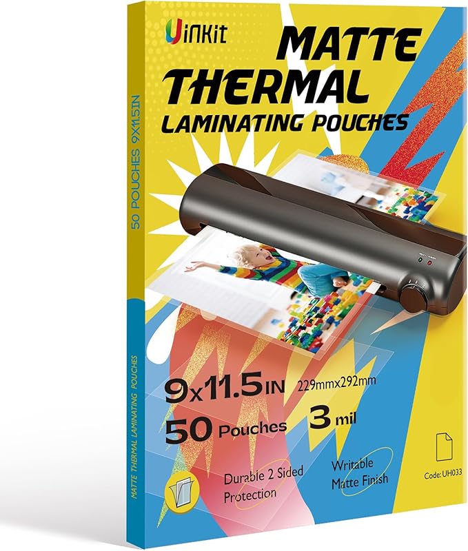Uinkit Matte Thermal Laminating Pouches, 9 x 11.5 Inches 3 Mil Thick Clear Anti-Glare with Matte Finish 50 Pack Fitted for Letter Size Laminating Sheets 8.5 x 11