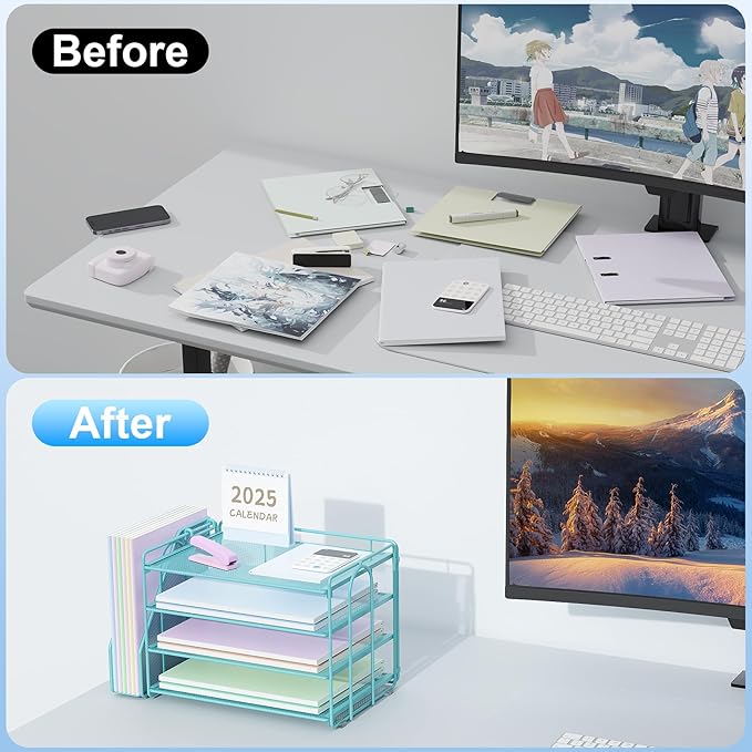 Spacrea Desk Organizers and Accessories, Paper Organizer for Desk with File Organizer, Desk Accessories & Workspace Organizers for Office Supplies (Blue)