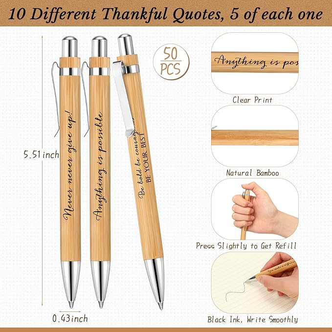 Fulmoon 50 Pcs Employee Appreciation Gifts Bulk Inspirational Bamboo Pens Motivational Thank You Wood Writing Ballpoint Pens for Coworkers Team Staff Leadership Teacher Student Back to School Gifts