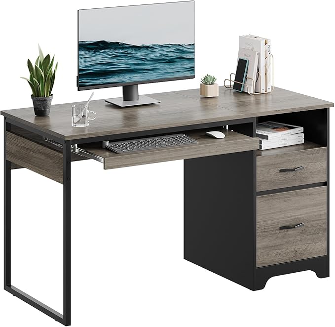 Bestier 48” Computer Desk with Drawers, Office Desk with Storage, Industrial Wood Writing Desk with File Drawer, Keyboard Tray & 2 Hooks for Home Office & Studio, Gray