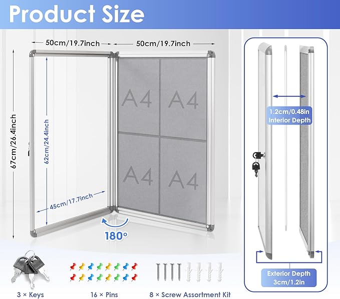SWANCROWN Fabric Bulletin Board Enclosed Wall-Mounted Display Case for Office Classroom Home,26x20inch(4xA4)