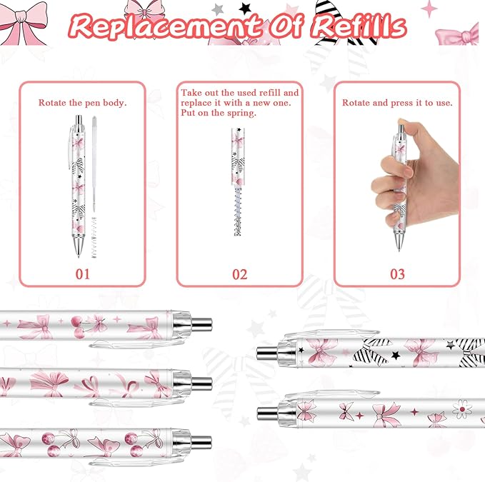 10Pcs Cute Pink Bow Pens Coquette Bow Ballpoint Pens Retractable Ballpoint Pens for Writing Journal Taking Notes School Office Home (Bow, 10)