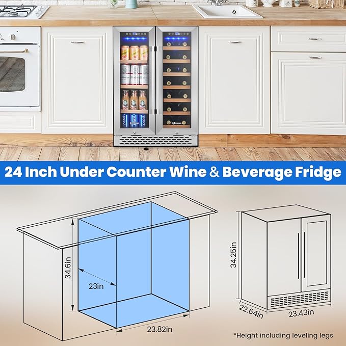 24 Inch Wine and Beverage Refrigerator Under Counter, Dual Zone 20 Bottles & 88 Cans Beverage Fridge with Stainless Steel Tempered Glass Door, Built-in/Freestanding Mini Fridge for Office/Bar/Kitchen