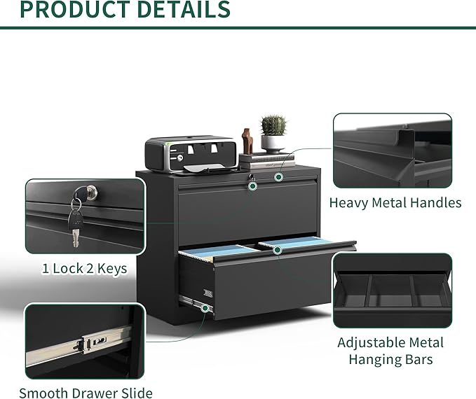 2 Drawer Lateral File Cabinet, Metal File Cabinets for Home Office Legal/Letter A4 Size, File Cabinet with 2 Drawer Storage Cabinet, Require Assembly, Black