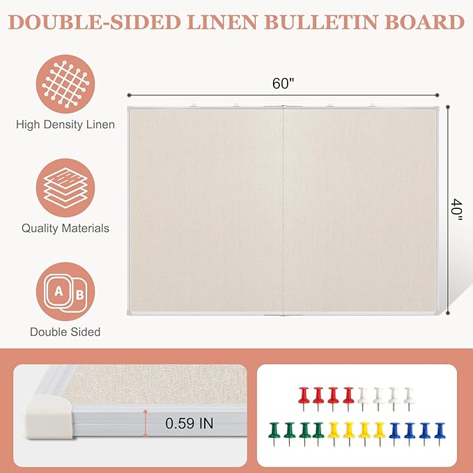 Double-Sided Large Cork Board with Linen, 60" x 40" Foldable Hanging Aluminum Framed Bulletin Board, Vision Board Pin Board Corkboards for Walls, Office, School Decor, 20 Pushpins
