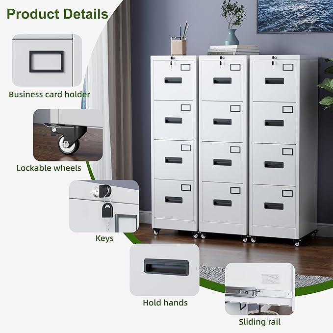 Aobabo File Cabinet 4 Drawer with Wheels, Lockable Office Metal Filing Cabinet with Name Card for Office and Home,Required Assembly,White