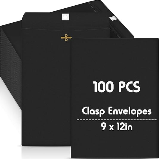 Geyee 100 Pcs Clasp Manilla Envelopes 9 x 12 Inch Gummed Colored Envelopes for Storing or Mailing for Home Office Business Supplies(Black)