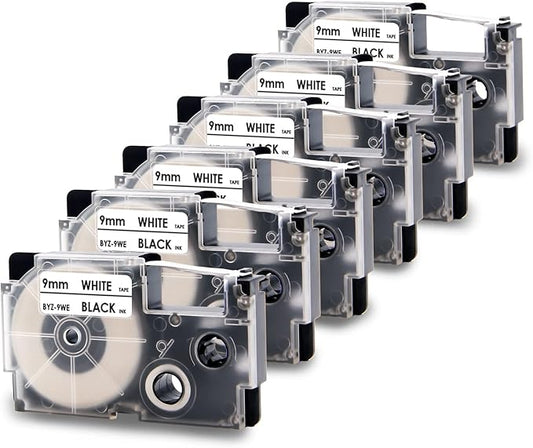 Absonic XR-9WE2S 9mm Label Tape Replace for Casio Xr-9we Label Maker Tape Use with Casio Label Printers KL-120 KL-60 KL-100 KL750B KL750 KL7200,6-Pack