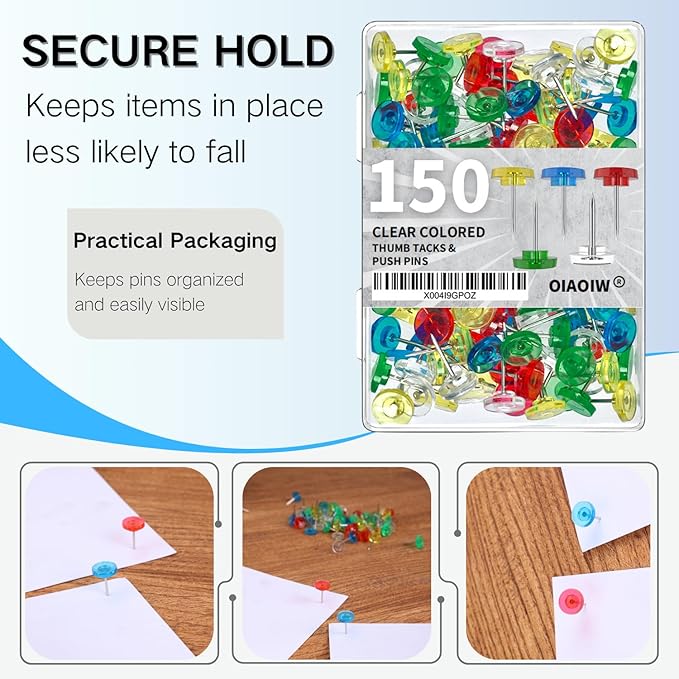 150 PCS Flat Clear Colored Push Pins for Wall Thumb Tacks for Walls Flat thumbtacks Push pin for Bulletin Board Shadow Box Display Thumbtack for Cork Board