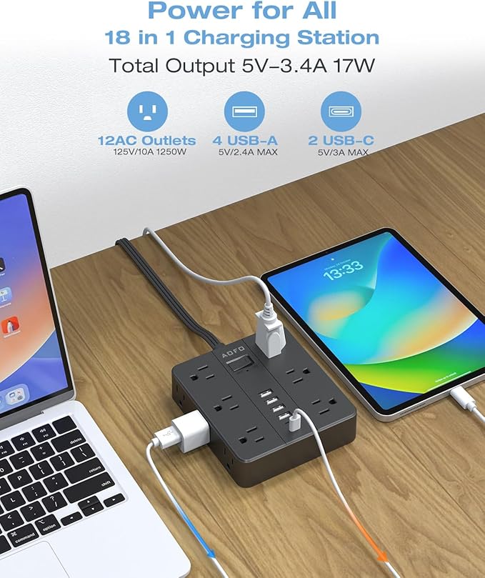 20FT Surge Protector Power Strip,12 AC Outlets with 6 USB Ports (2 USB-C), Flat Plug Extension Cord with Multiple Outlets, Wall Mount for Home Office,Dorm,Black