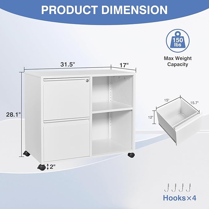 Metal File Cabinet,Lockable Lateral Filing Cabinet for Letter/A4 Size Files,Rolling Printer Stand with Adjustable Shelf & Lockable Wheelss for Home Office(White)