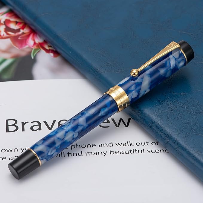 Jinhao 100 Fountain Pen Celluloid Classic Style, #6 Nib Smooth Writing Instrument with Refillable Converter and Pen Case Set