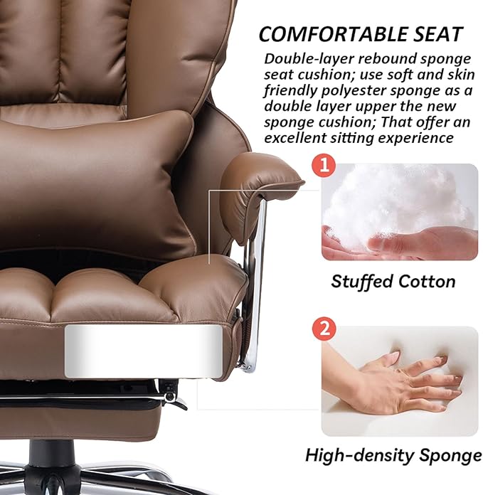 Efomao Big and Tall Office Chair 400lbs – High Back PU Leather Executive Chair with Lumbar Support, Footrest, Swivel Base, Padded Armrests, and Rolling Wheels for Home Office, Brown Computer Chair