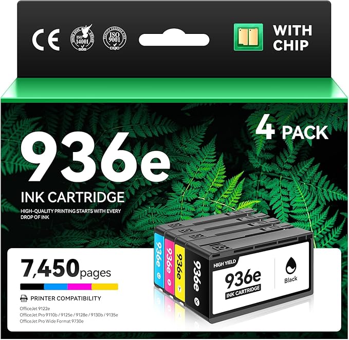 936 936e Ink Cartridges with chip 4-Pack High Yield Replacement for HP 936 936e 936XL Ink Compatible for HP OfficeJet Pro 9110b 9125e 9128e 9130b 9135e 9122e 9120 Wide Format 9730e Printer Black Color