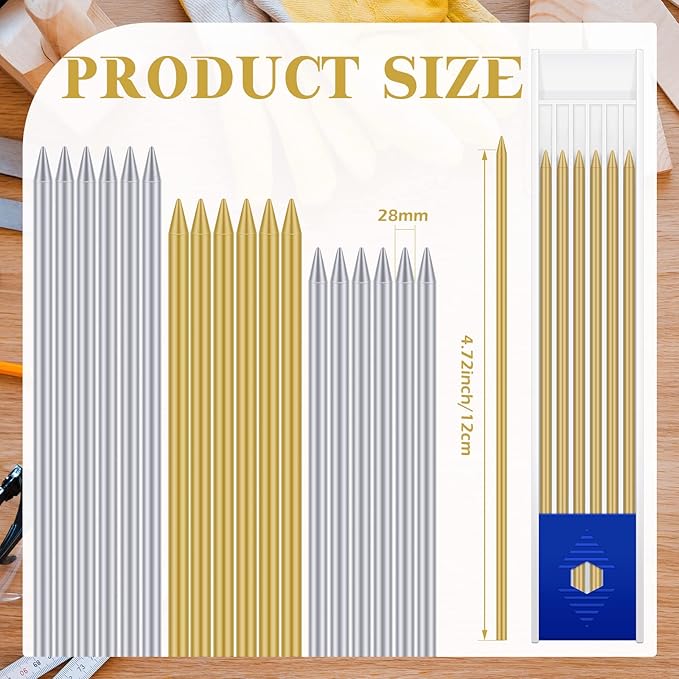 Spakon 60 Pcs 2.8mm Lead Refill Carpenter Construction Pencils Marker Lead Refills Dry Mechanical Woodworking Pencil Tools for Writing Drawing Drafting (Silver,Gold)